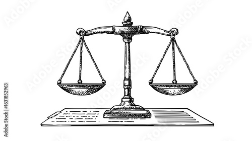 Illustration of a vintage balance scale with two pans hanging from chains on a rectangular stand base
