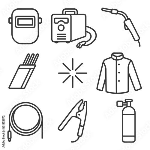 Welding Tools Icons. Line style icons of welding tools and gear: welding mask, arc welder, welding torch, welding rods, spark icon