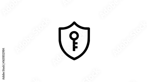 A simple black and white illustration of a shield with a key inside representing security and access control
