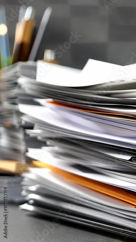 Stacks of papers on a desk show the busy workday of an office environment, filled with printed documents and tasks needing attention