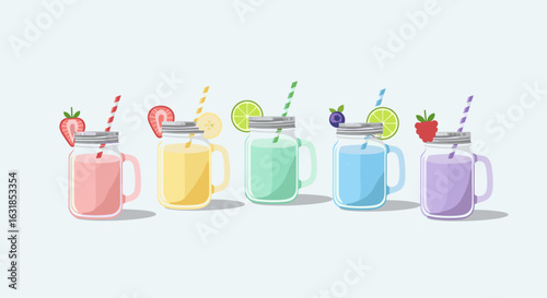A vibrant assortment of colorful smoothies in mason jars, each garnished with fresh fruit and striped straws, creating a refreshing and playful scene.