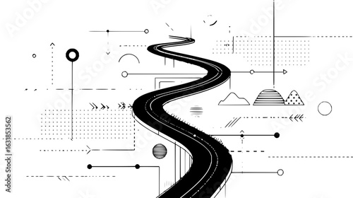 A winding road stretching into the distance with abstract geometric shapes and patterns surrounding the path ahead