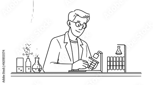 A scientist in a lab coat is working with lab equipment and glassware on a table in a laboratory setting