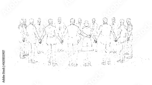 A sketch of a group of people standing in a circle holding hands with their backs to the viewer in white
