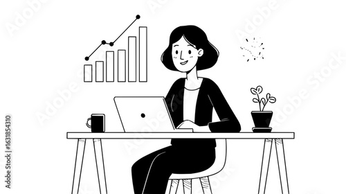 Woman working on laptop at desk with chart and plant in black and white line art illustration style design