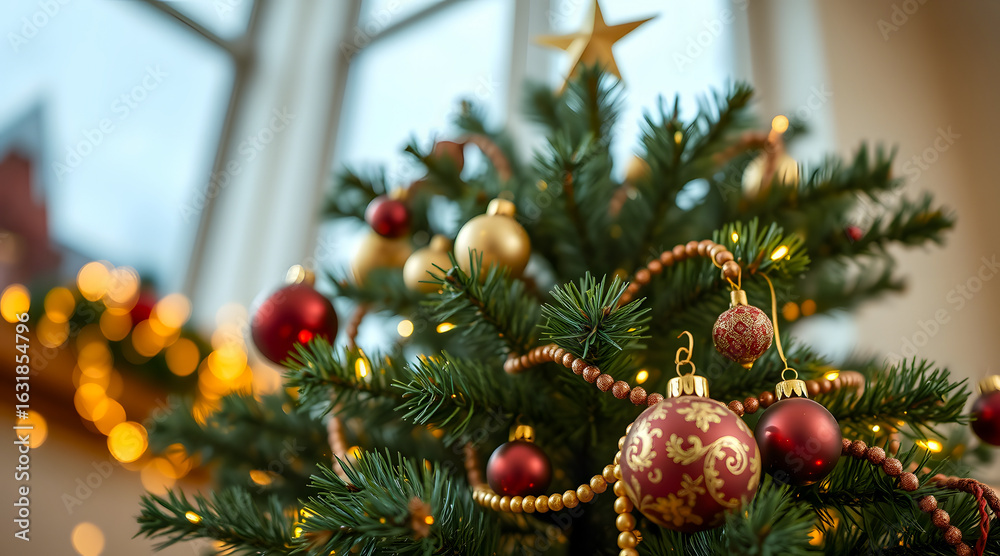 Fototapeta premium Decorated Christmas Tree Adorned With Ornaments and Lights in Cozy Indoor Setting During Winter Season