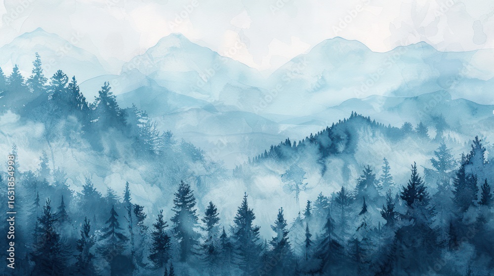 Obraz premium Watercolor forest scenery evokes a serene and misty mountainous landscape