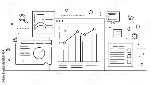 Business data analysis with charts graphs and diagrams in a line art style presentation illustration
