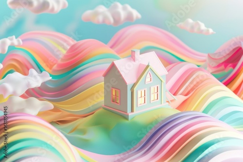 Whimsical Pastel Dream House on Rainbow Hills Cute 3D Illustration for Children s Decor Wallpaper or Art Prints