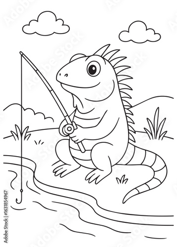 coloring book iguana fishing by the riverbank.