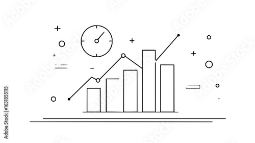 Illustration showing a bar graph with an ascending line and a clock with pluses minuses and circles around it