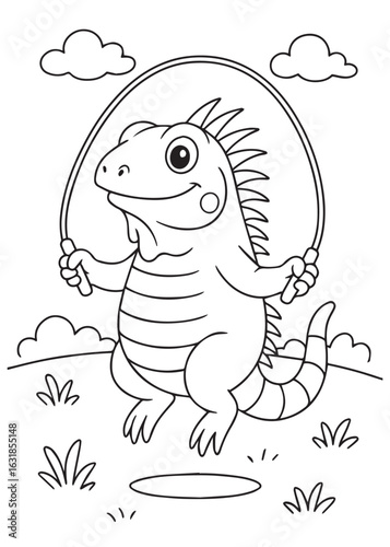 coloring book iguana jumping rope outdoors.