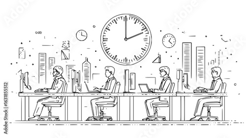Line drawing of office workers at desks with computers and clocks in the background showing business time