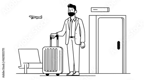 A man in a suit standing with a suitcase in an airport with a plane flying by and a door nearby