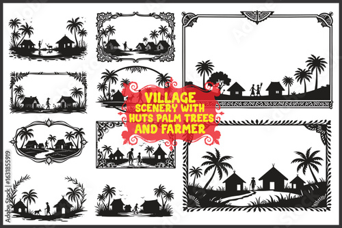 Traditional Village Silhouette Scenery with Huts, Palm Trees & Farmers