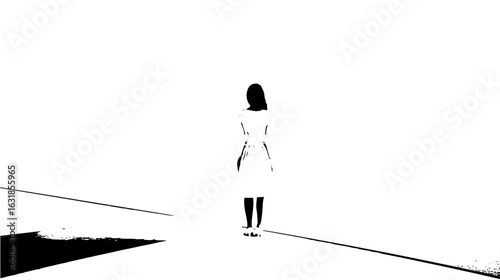 A solitary figure in a white dress standing in a bright white space with sharp geometric lines around her