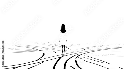 A lone woman stands on a path with many diverging lines in a stark black and white minimalist scene