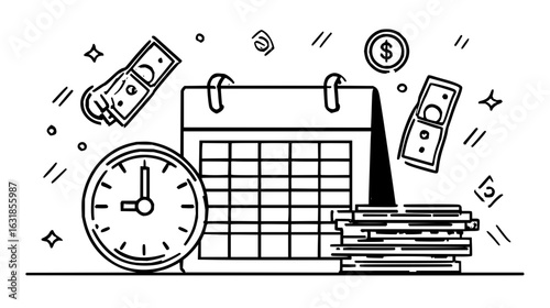 Illustration showing a calendar clock money and coins representing time management and financial planning