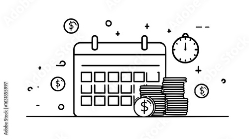 Illustration of a calendar with coins and a clock representing time based financial planning