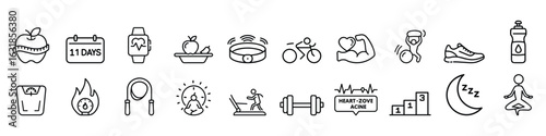 Health and Fitness Icons – Diet, Exercise, Activity Tracking, and Wellness, Sleep and Rest Icons – Night, Recovery, Bedtime, Dreams, and Relaxation
