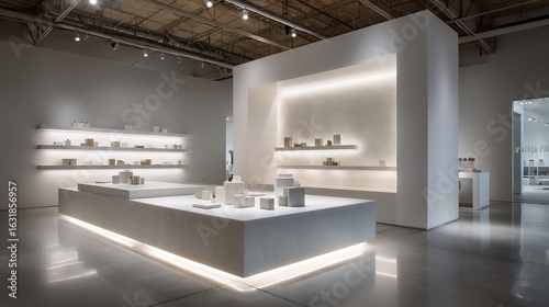 Minimalist Art Gallery Interior with Geometric Sculptures and Illuminated Shelves