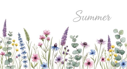 Watercolor wildflower border with purple pink blue yellow flowers and eucalyptus wildflowers floral