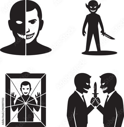 Inner, demon, icon, set, horror, evil, twin, silhouette, vector, black, isolated, illustration, design, psychological, fear, monster, doppelganger
