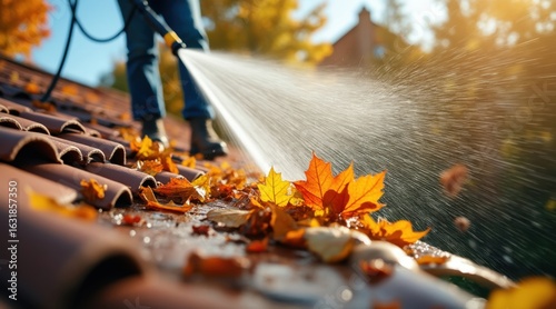 Person cleaning autumn leaves from a tiled roof with a blower