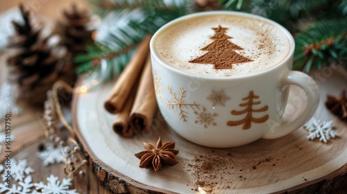 Festive Christmas cappuccino art, holiday spiced latte with cinnamon tree design