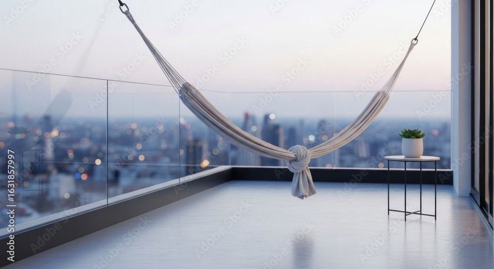 Fototapeta premium Serene Urban Escape: Hammock on a High-Rise Balcony at Twilight