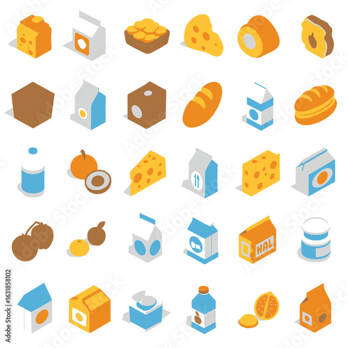 A collection of isometric grocery and food product icons for design projects
