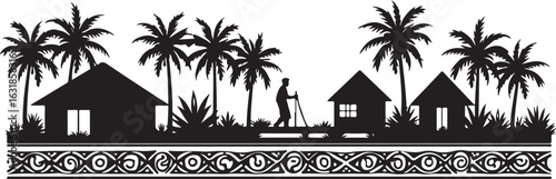 Traditional Village Silhouette Scenery with Huts, Palm Trees & Farmers