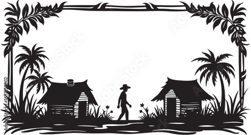 Traditional Village Silhouette Scenery with Huts, Palm Trees & Farmers