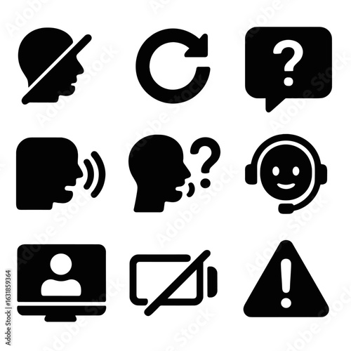 Solid Help Icons. Solid style icons of error and help: didn’t hear icon, retry command, help phrase icon, voice misheard icon,