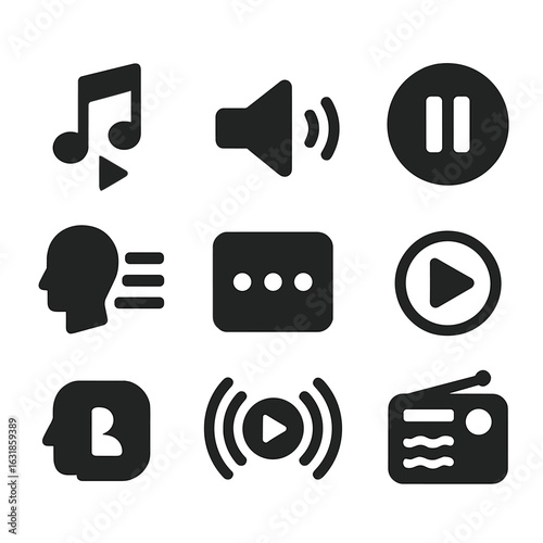 Voice Media Icons. Solid style icons of voice media commands: play music, skip track, volume up, pause playback, voice playlist,