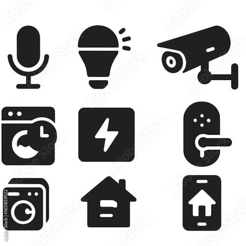 Smart Home Icons. Solid style icons of smart home automation: voice control button, smart lighting bulb, security camera,