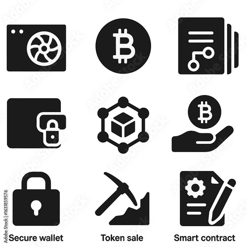 Blockchain Icon Set. Solid style icons of blockchain and cryptocurrency: mining hardware, crypto token, decentralized app,