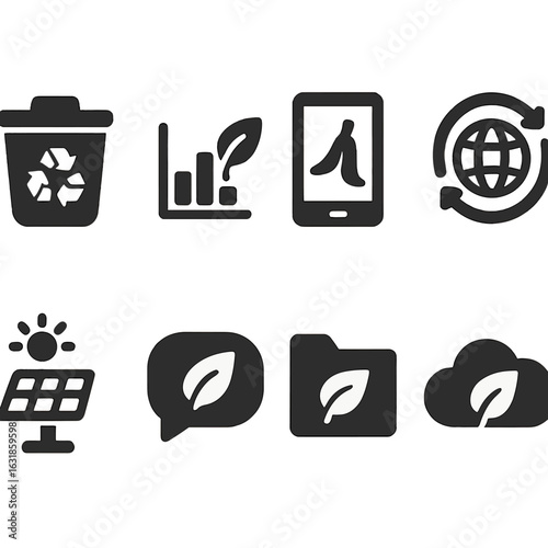 Eco Digital Icons. Solid style icons of eco-friendly digital tools: recycle bin, energy efficiency graph, digital composting,