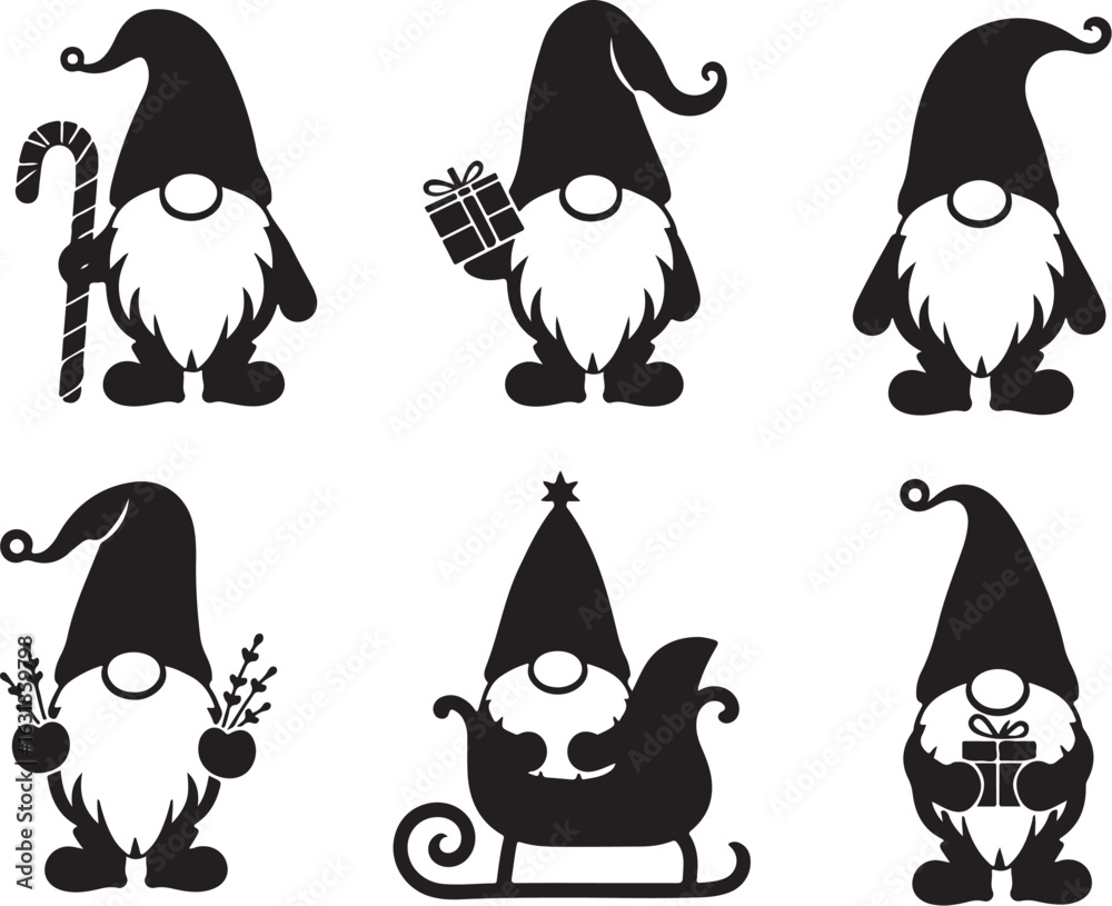 Obraz premium Festive Christmas gnomes in black silhouette designs with holiday cheer and gifts