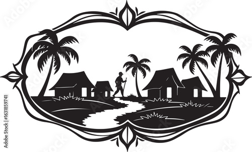 Traditional Village Silhouette Scenery with Huts, Palm Trees & Farmers