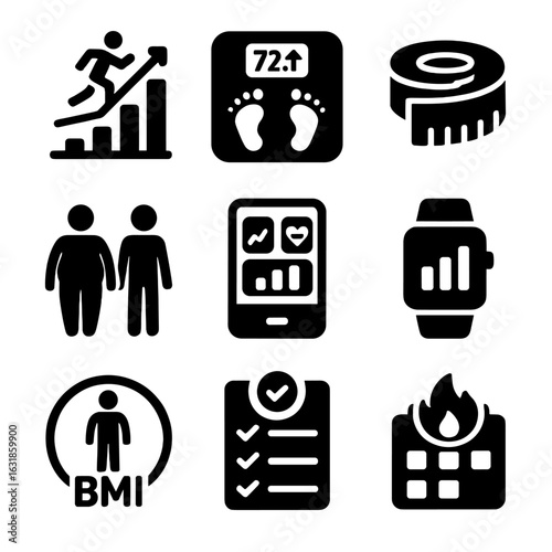 Fitness Tracking Icons. Solid style icons of progress tracking: fitness chart icon, scale with stats, body measurement tape,