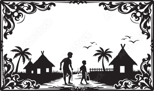 Traditional Village Silhouette Scenery with Huts, Palm Trees & Farmers