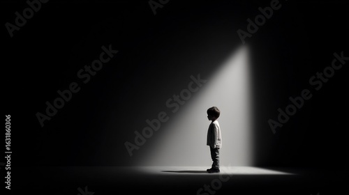 A contemplative young boy stands in spotlight, symbolizing hope and future