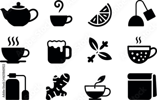 Simple Black Tea Icons: Kettle, Cup, Teabag, Lemon, Ginger, Herbs