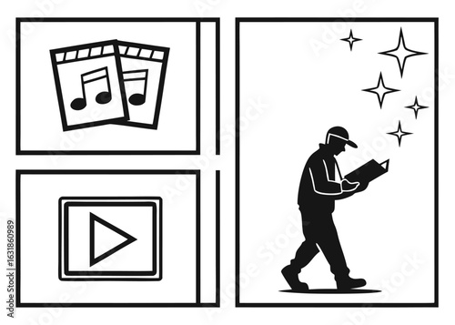 Black and white illustration of music symbols play button and a person reading under shining stars
