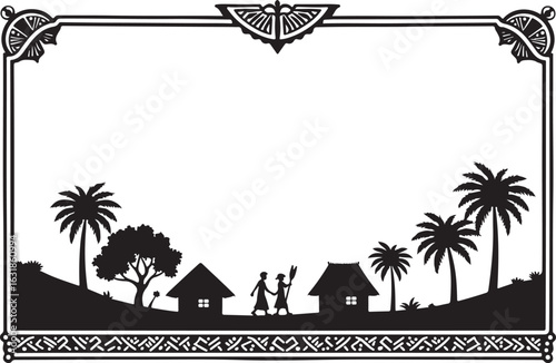 Traditional Village Silhouette Scenery with Huts, Palm Trees & Farmers