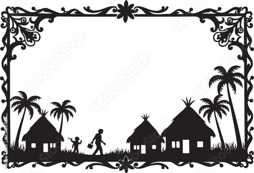 Traditional Village Silhouette Scenery with Huts, Palm Trees & Farmers