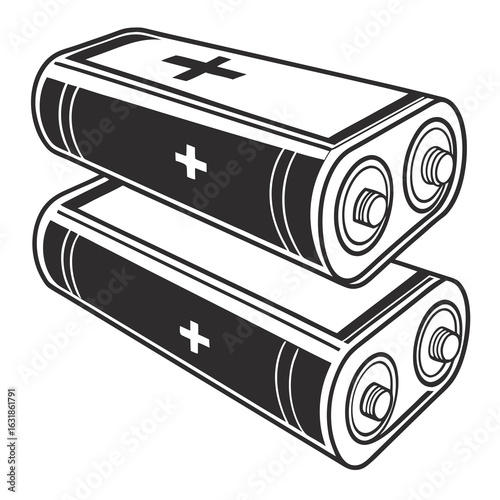 Vector art of two batteries stacked on top of each other isolated on white background