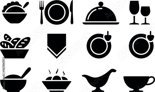 Elegant Black and White Restaurant Menu Icons:  Modern Flat Design