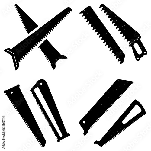 Illustration showcasing a collection of various hand saws with different blade shapes and handle designs shown